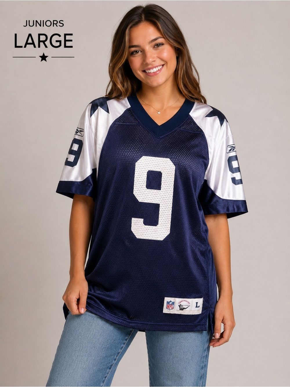 NFL Women's Navy and Silver #9 Jersey JUNIORS LARGE